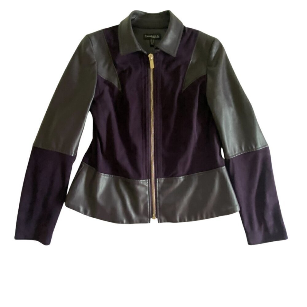 Conrad C Mixed Media Deep Plum Zip Up Faux Leather Jacket 10 - Picture 9 of 14